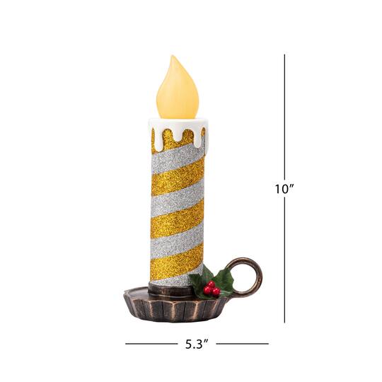 10" Gold & Silver Flickering LED Glittery Striped Candles, 2ct.